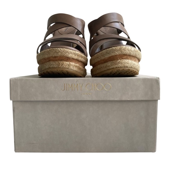 JIMMY CHOO | Brown Strappy Cork Leather & Raffia Wedge Sandals NIB Spain Sz 7.5 - Picture 2 of 15